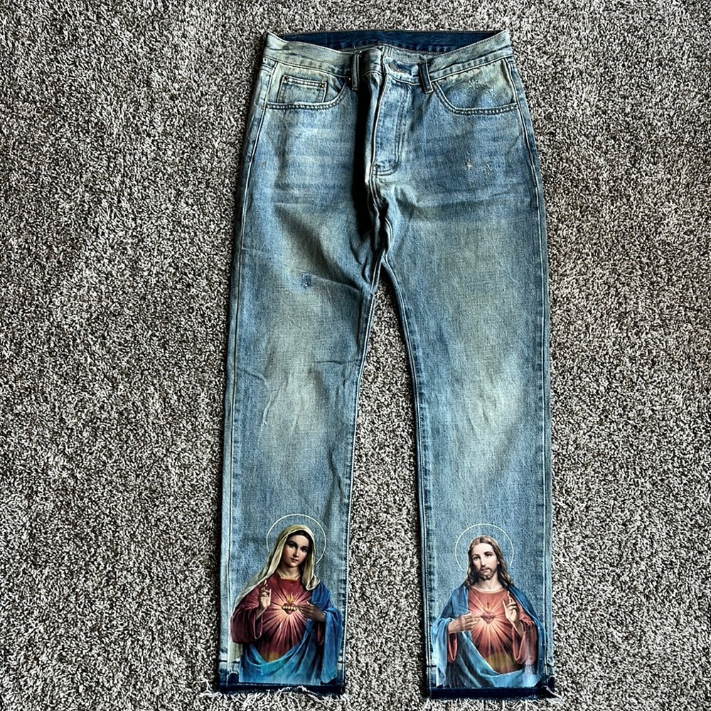 MNML Men's Blue Jeans with Religious Print